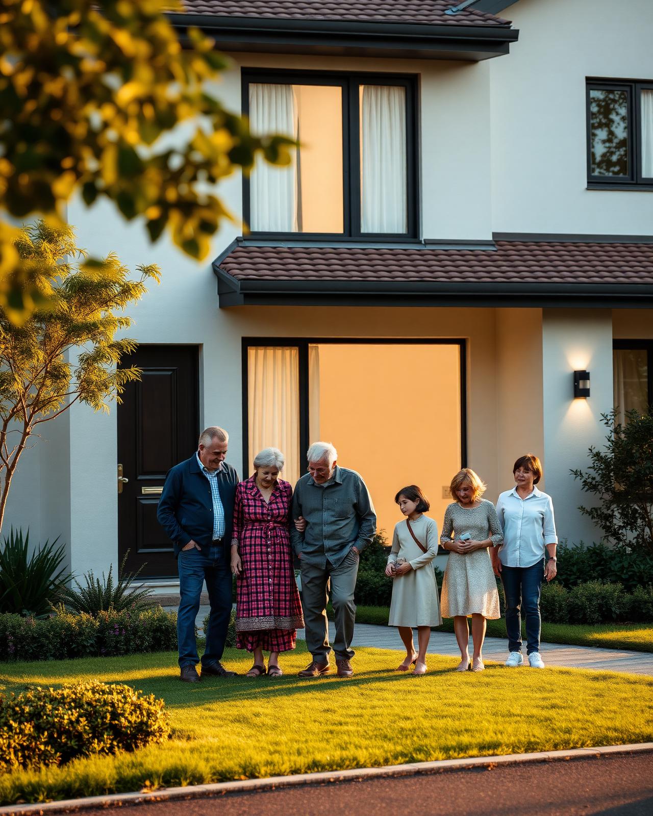 Multigenerational family outside townhouse